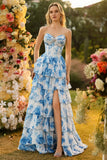 White Blue Floral A Line Strapless Corset Tiered Ruffle Long Ball Dress with Slit