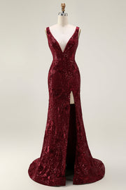 Sparkly Burgundy Mermaid Sequin V Neck Long Ball Dress with Slit
