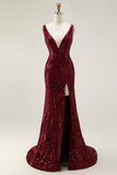 Sparkly Burgundy Mermaid Sequin V Neck Long Ball Dress with Slit