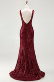 Sparkly Burgundy Mermaid Sequin V Neck Long Ball Dress with Slit