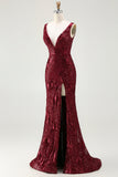 Sparkly Burgundy Mermaid Sequin V Neck Long Ball Dress with Slit
