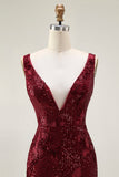 Sparkly Burgundy Mermaid Sequin V Neck Long Ball Dress with Slit