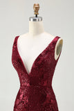Sparkly Burgundy Mermaid Sequin V Neck Long Ball Dress with Slit