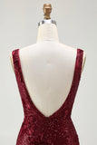 Sparkly Burgundy Mermaid Sequin V Neck Long Ball Dress with Slit