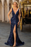 Sparkly Navy Mermaid V Neck Open Back Sequin Long Prom Dress with Slit