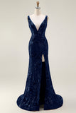 Sparkly Navy Mermaid Sequin V Neck Ball Dress with Slit