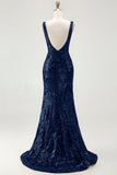 Sparkly Navy Mermaid Sequin V Neck Ball Dress with Slit