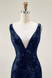 Sparkly Navy Mermaid Sequin V Neck Ball Dress with Slit