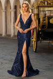 Sparkly Navy Mermaid V Neck Open Back Sequin Long Prom Dress with Slit