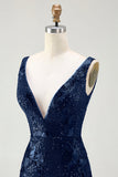 Sparkly Navy Mermaid Sequin V Neck Ball Dress with Slit