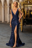 Sparkly Navy Mermaid V Neck Open Back Sequin Long Prom Dress with Slit