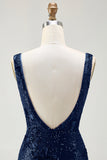Sparkly Navy Mermaid Sequin V Neck Ball Dress with Slit