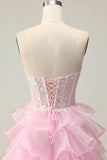 Princess Pink Sweetheart Corset Tiered Sequins Long Prom Dress with Lace Up Back