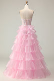 Princess Pink Sweetheart Corset Tiered Sequins Long Prom Dress with Lace Up Back