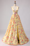 Yellow Pink Floral Deep V Neck A Line Open Back Long Ball Dress with Slit