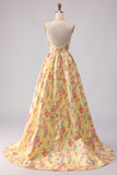 Yellow Pink Floral Deep V Neck A Line Open Back Long Ball Dress with Slit