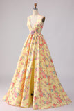 Yellow Pink Floral Deep V Neck A Line Open Back Long Ball Dress with Slit
