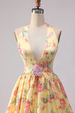 Yellow Pink Floral Deep V Neck A Line Open Back Long Ball Dress with Slit