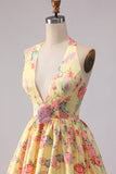 Yellow Pink Floral Deep V Neck A Line Open Back Long Ball Dress with Slit