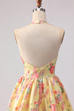 Yellow Pink Floral Deep V Neck A Line Open Back Long Ball Dress with Slit