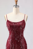 Sparkly Burgundy Mermaid Sequins Lace Up Back Long Ball Dress with Slit