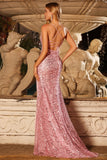 Sparkly Pink Sequins Mermaid Lace Up Back Long Ball Dress with Slit