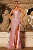 Sparkly Pink Sequins Mermaid Lace Up Back Long Ball Dress with Slit