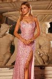 Sparkly Pink Sequins Mermaid Lace Up Back Long Ball Dress with Slit