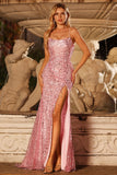 Sparkly Pink Sequins Mermaid Lace Up Back Long Ball Dress with Slit