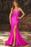 Fuchsia Mermaid Cut Out Pleated Satin Bowed Long Ball Dress with Slit