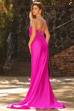 Fuchsia Mermaid Cut Out Pleated Satin Bowed Long Ball Dress with Slit