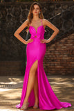 Fuchsia Mermaid Cut Out Pleated Satin Bowed Long Ball Dress with Slit