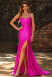Fuchsia Mermaid Cut Out Pleated Satin Bowed Long Ball Dress with Slit
