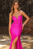 Fuchsia Mermaid Cut Out Pleated Satin Bowed Long Ball Dress with Slit