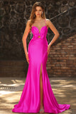 Fuchsia Mermaid Cut Out Pleated Satin Bowed Long Ball Dress with Slit