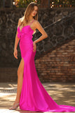 Fuchsia Mermaid Cut Out Pleated Satin Bowed Long Ball Dress with Slit