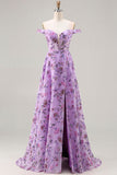 Purple Off The Shoulder Floral A-Line Sequin Long Ball Dress with Slit