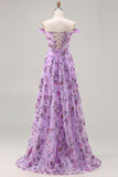 Purple Off The Shoulder Floral A-Line Sequin Long Ball Dress with Slit