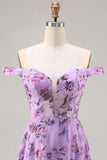 Purple Off The Shoulder Floral A-Line Sequin Long Ball Dress with Slit