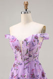 Purple Off The Shoulder Floral A-Line Sequin Long Ball Dress with Slit