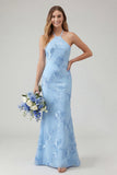 Light Blue Mermaid Halter Backless Maxi Dress with Floral Embroidery