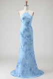 Light Blue Mermaid Halter Backless Maxi Dress with Floral Embroidery