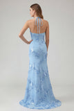 Light Blue Mermaid Halter Backless Maxi Dress with Floral Embroidery