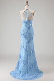 Light Blue Mermaid Halter Backless Maxi Dress with Floral Embroidery