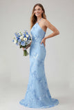 Light Blue Mermaid Halter Backless Maxi Dress with Floral Embroidery