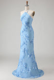Light Blue Mermaid Halter Backless Maxi Dress with Floral Embroidery