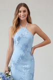 Light Blue Mermaid Halter Backless Maxi Dress with Floral Embroidery