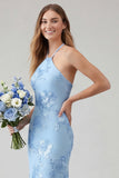 Light Blue Mermaid Halter Backless Maxi Dress with Floral Embroidery