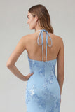 Light Blue Mermaid Halter Backless Maxi Dress with Floral Embroidery