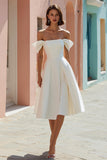 White Off the Shoulder A-Line Midi Wedding Dress